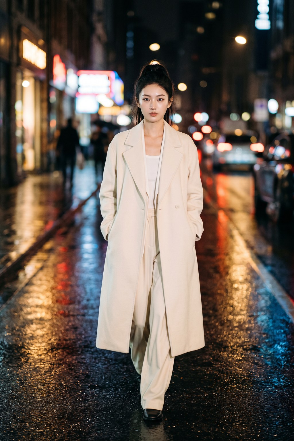 爆了爆了 AI 出的服装大片：雨夜街头